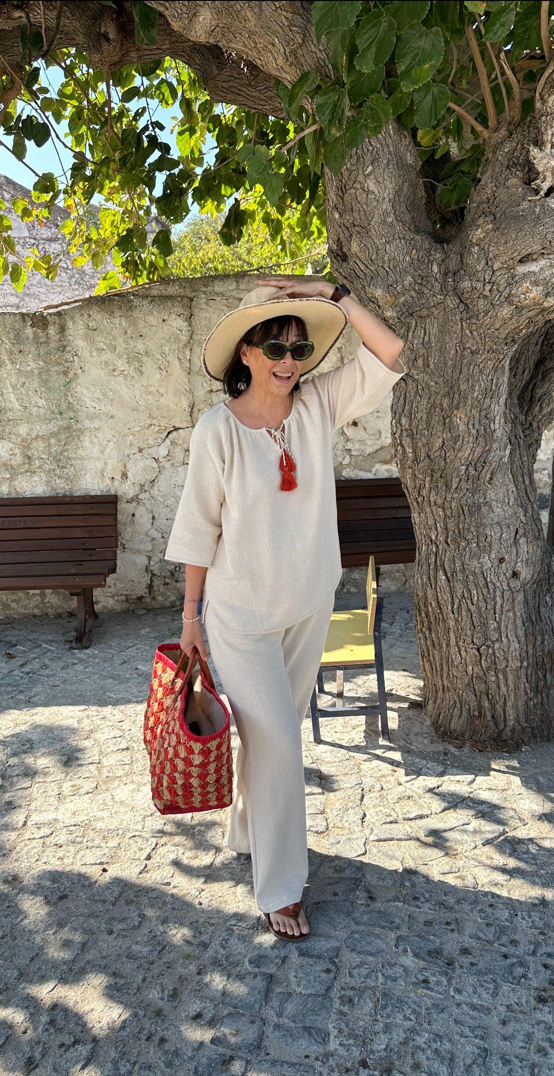 Ekru Gofre Pamuk Alt Üst Takım/with design Ayşegül Erzincanoğlu