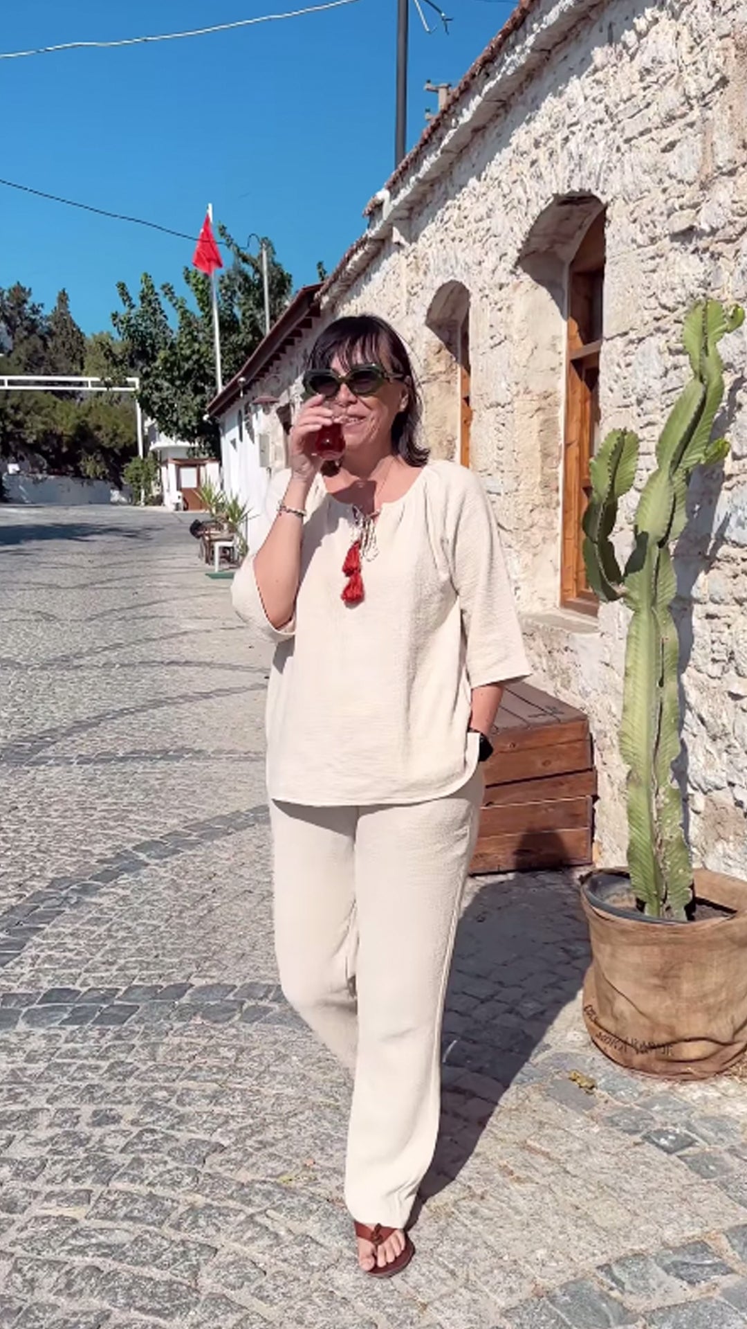 Ekru Gofre Pamuk Alt Üst Takım/with design Ayşegül Erzincanoğlu