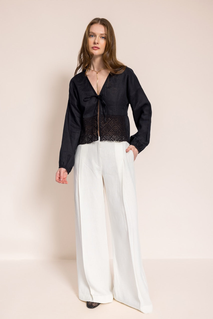 Anka Eteği El İşi Dantelli Keten Siyah Bolero