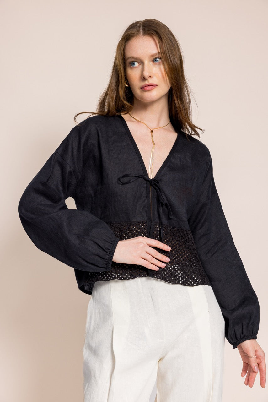 Anka Eteği El İşi Dantelli Keten Siyah Bolero