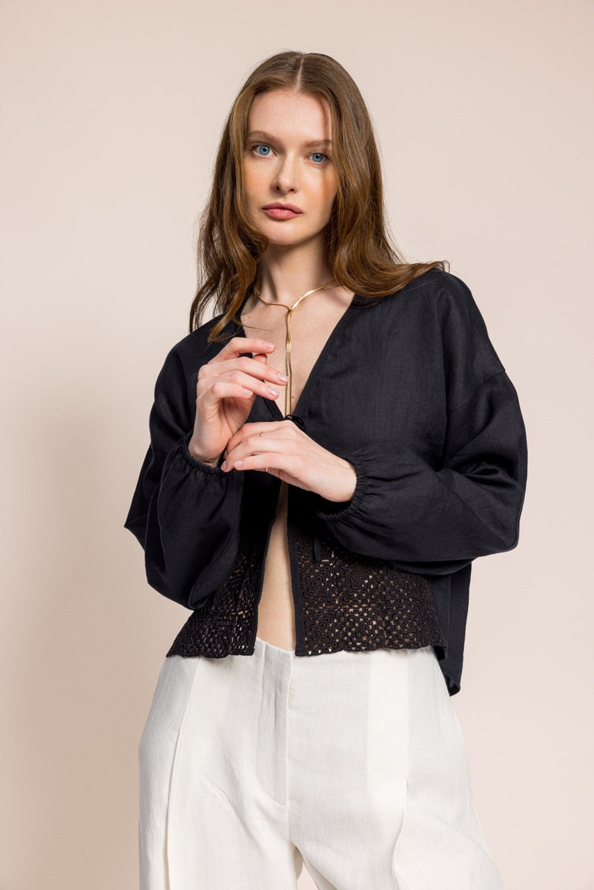 Anka Eteği El İşi Dantelli Keten Siyah Bolero