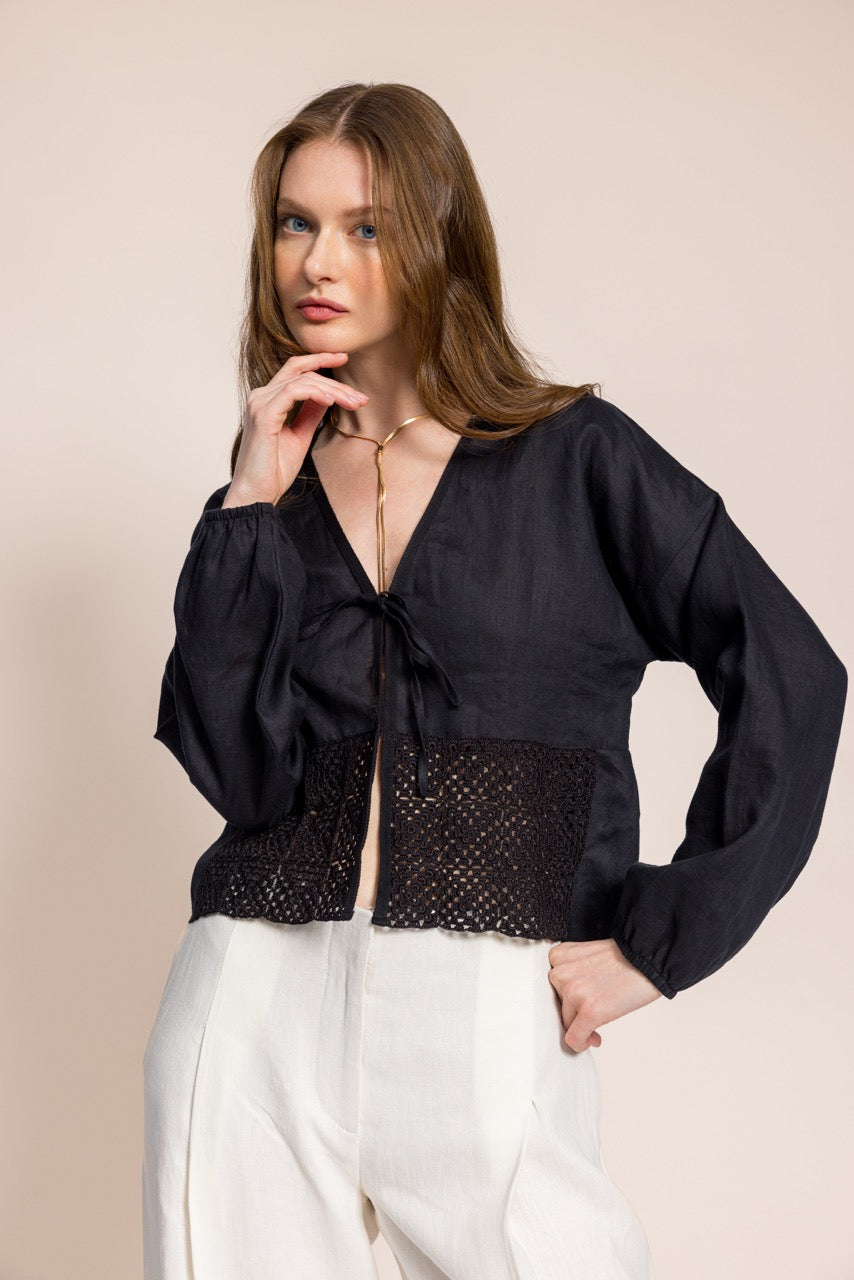 Anka Eteği El İşi Dantelli Keten Siyah Bolero