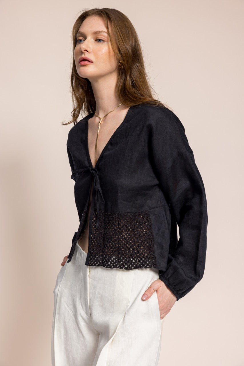 Anka Eteği El İşi Dantelli Keten Siyah Bolero