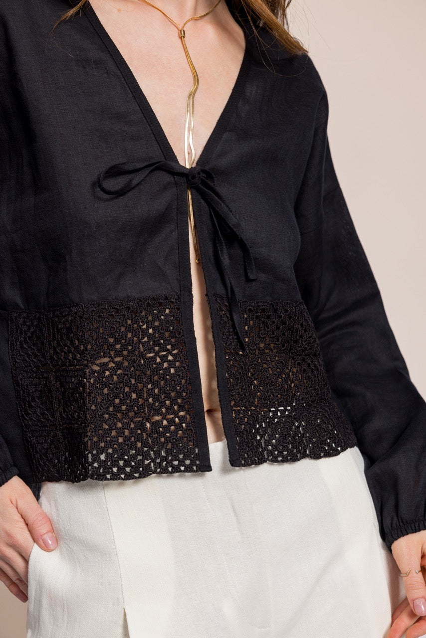 Anka Eteği El İşi Dantelli Keten Siyah Bolero