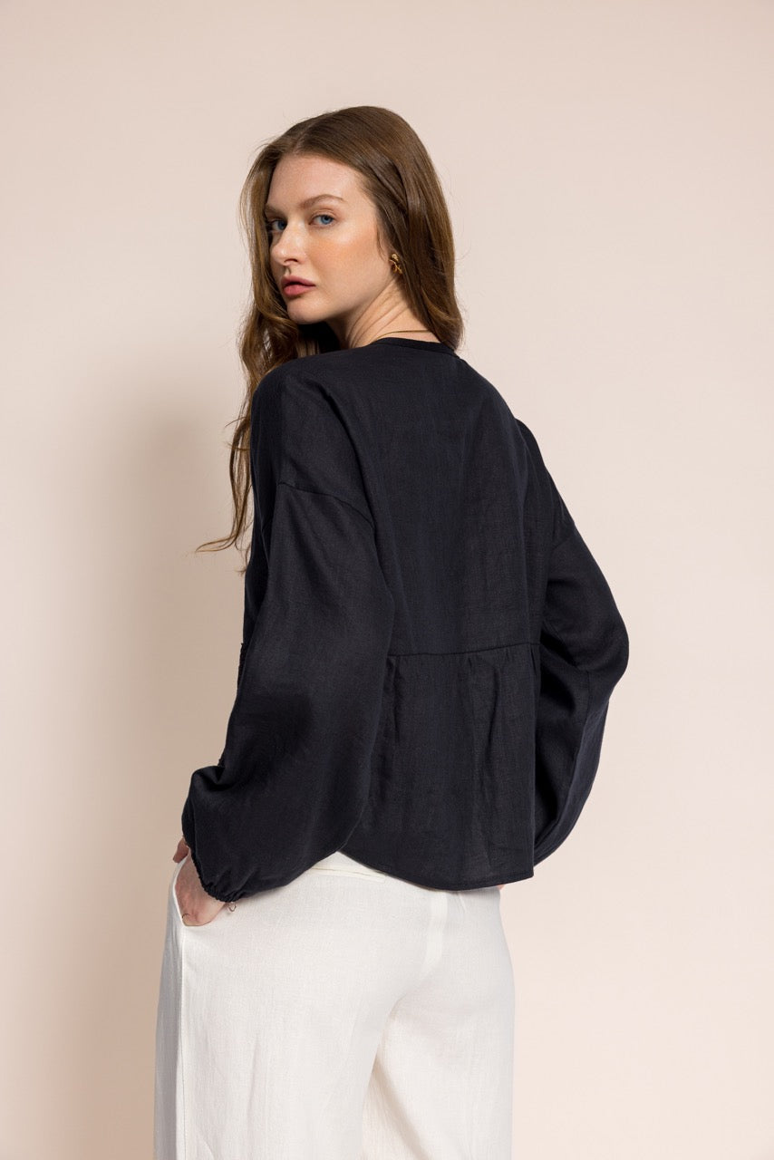 Anka Eteği El İşi Dantelli Keten Siyah Bolero