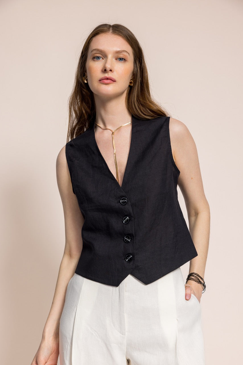 Turna El Nakışlı Brit Detaylı Siyah Keten Yelek