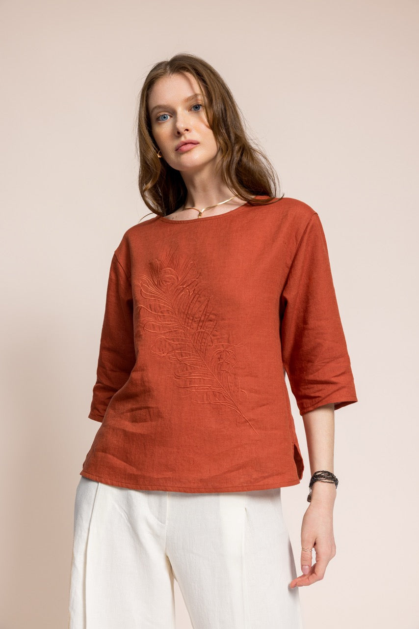 Bülbül Önü Tüy Nakışlı Tarçın Keten Bluz