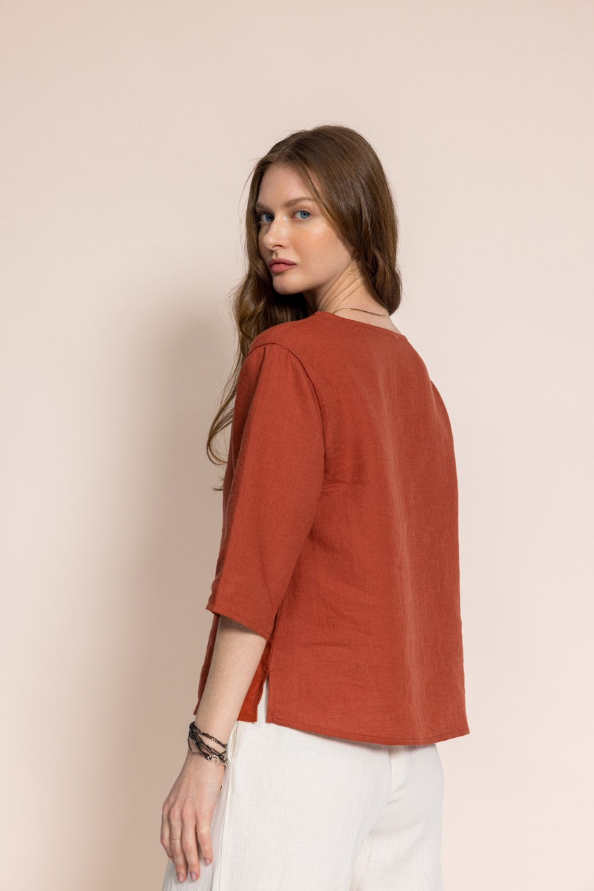 Bülbül Önü Tüy Nakışlı Tarçın Keten Bluz