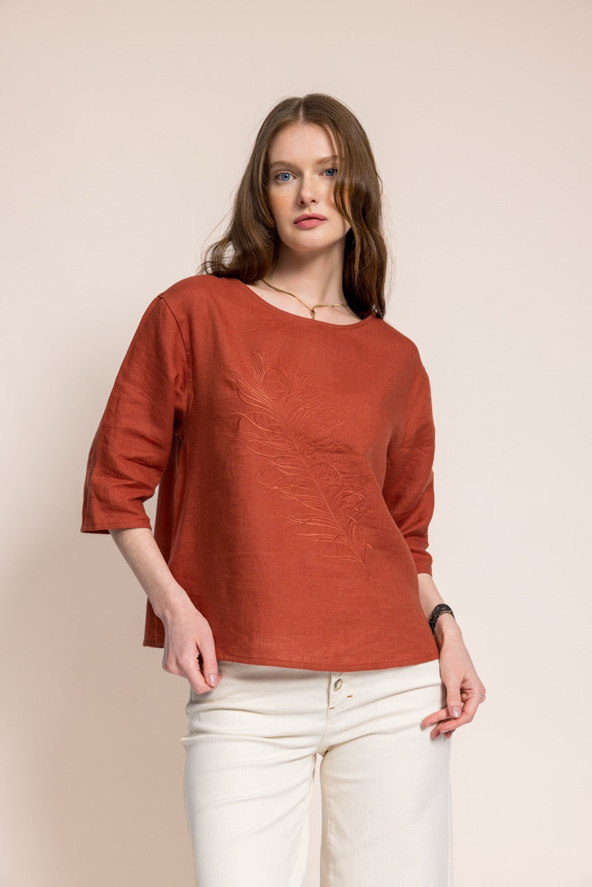 Bülbül Önü Tüy Nakışlı Tarçın Keten Bluz