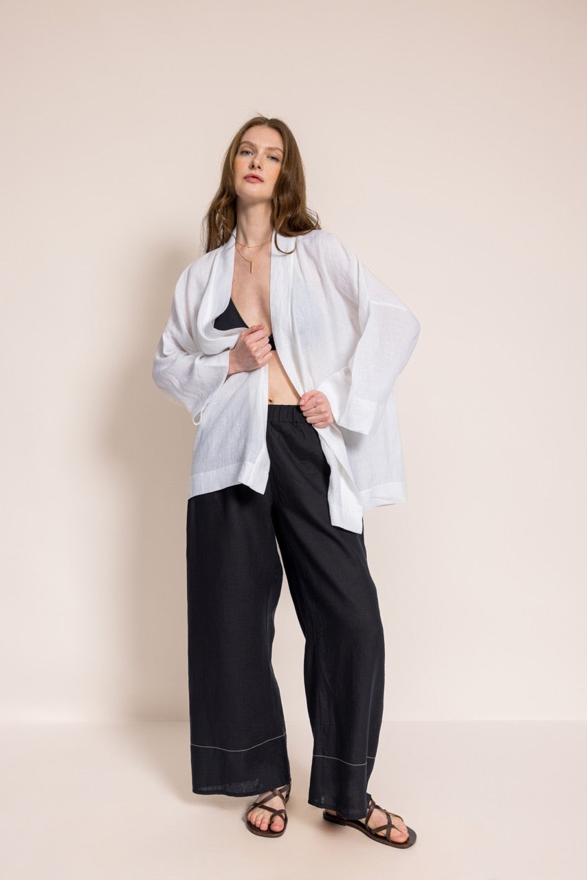 Çıngı - Kemeri El Nakış Detaylı Beyaz Düz Kimono