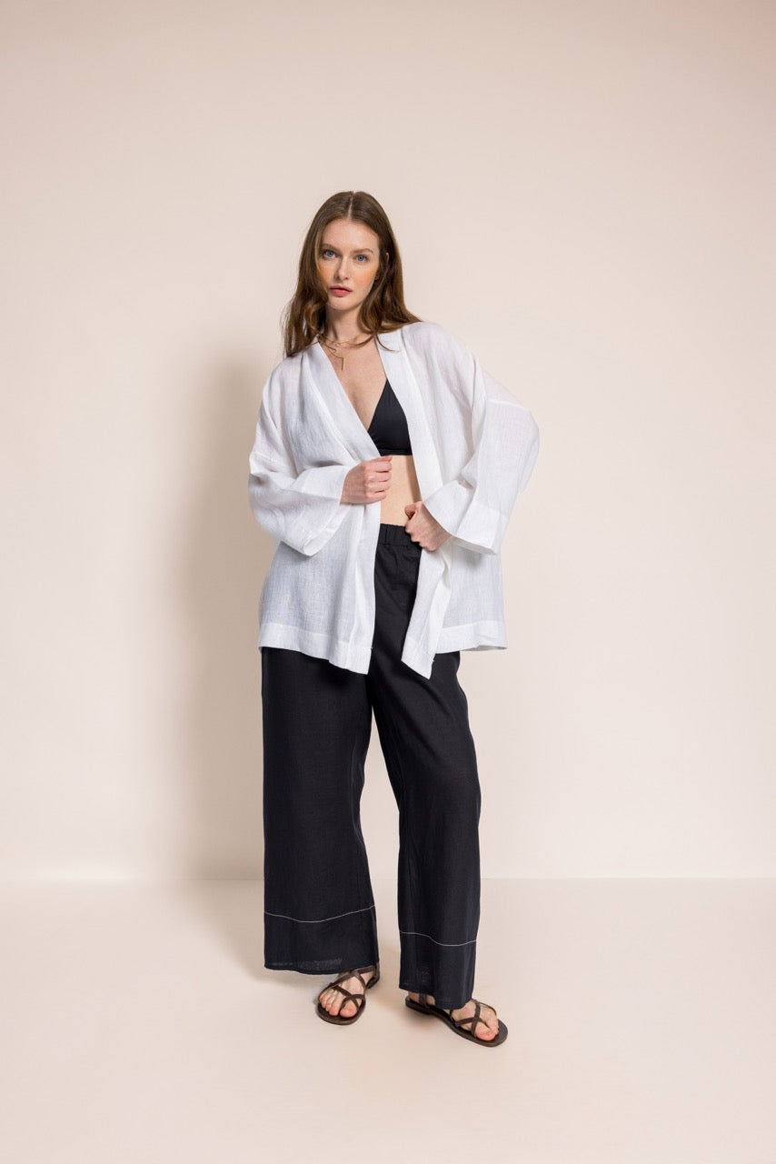 Çıngı - Kemeri El Nakış Detaylı Beyaz Düz Kimono