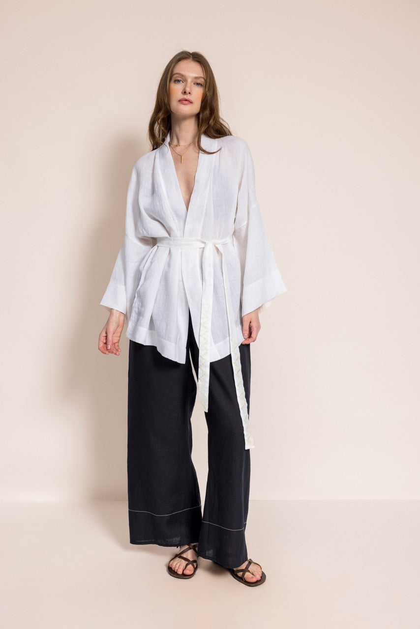Çıngı - Kemeri El Nakış Detaylı Beyaz Düz Kimono