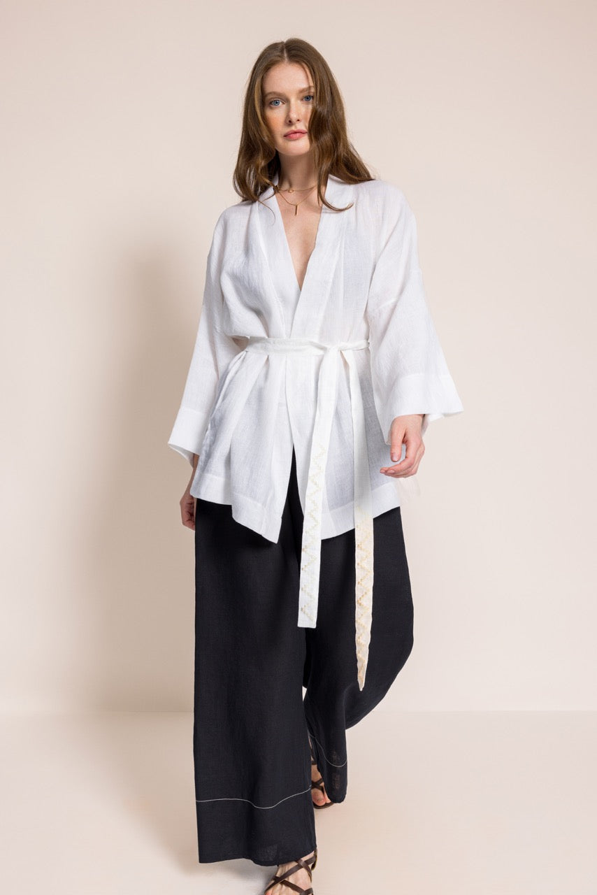 Çıngı - Kemeri El Nakış Detaylı Beyaz Düz Kimono