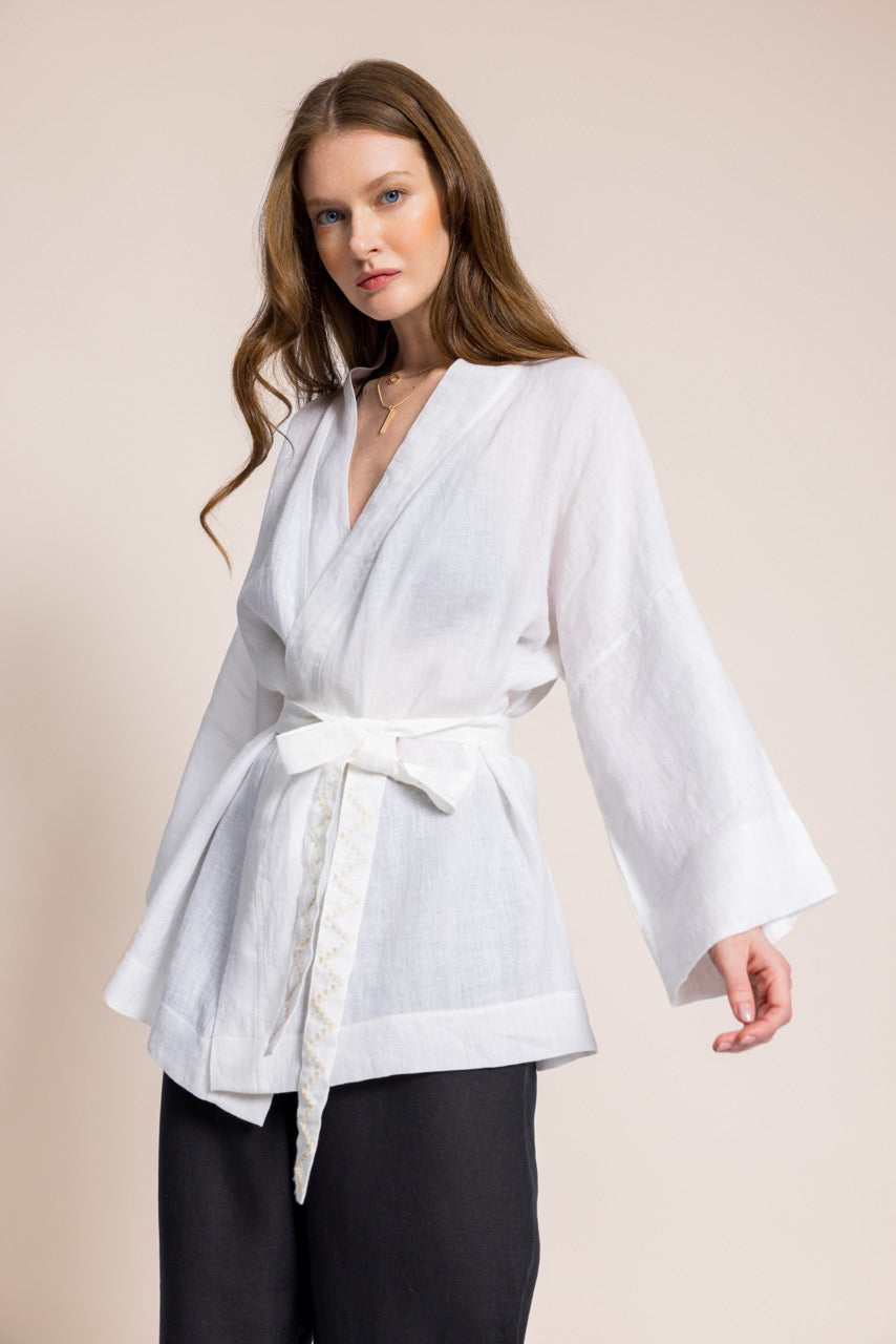 Çıngı - Kemeri El Nakış Detaylı Beyaz Düz Kimono
