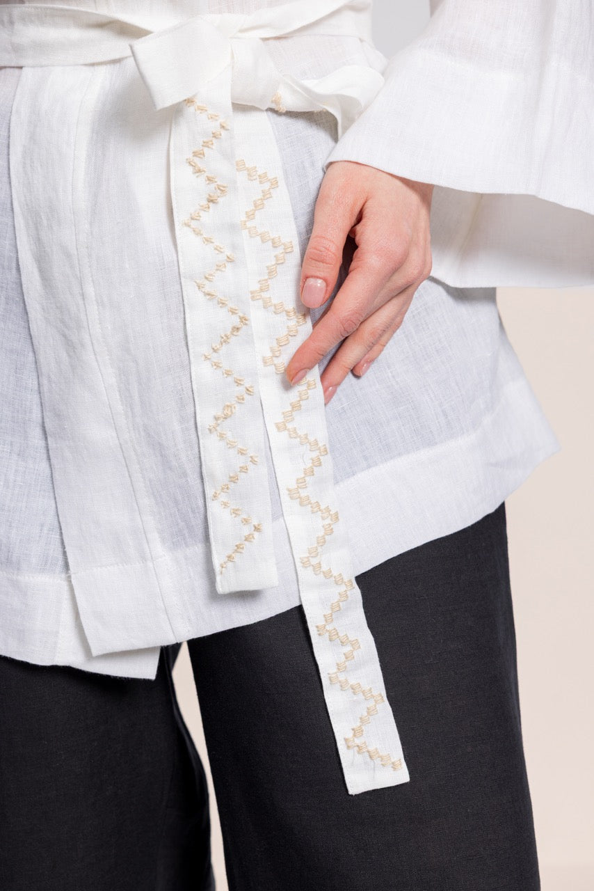 Çıngı - Kemeri El Nakış Detaylı Beyaz Düz Kimono