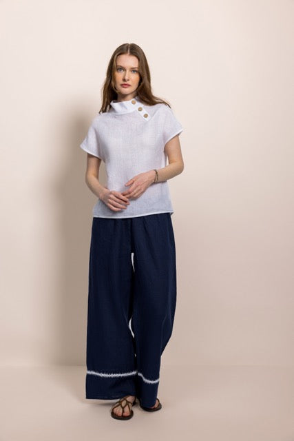 White Linen Shoulder Button Women's Blouse