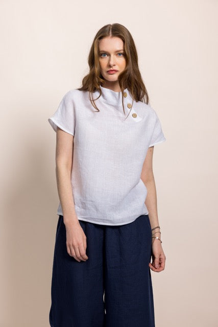 White Linen Shoulder Button Women's Blouse