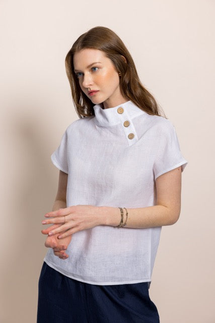 White Linen Shoulder Button Women's Blouse