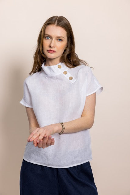 White Linen Shoulder Button Women's Blouse