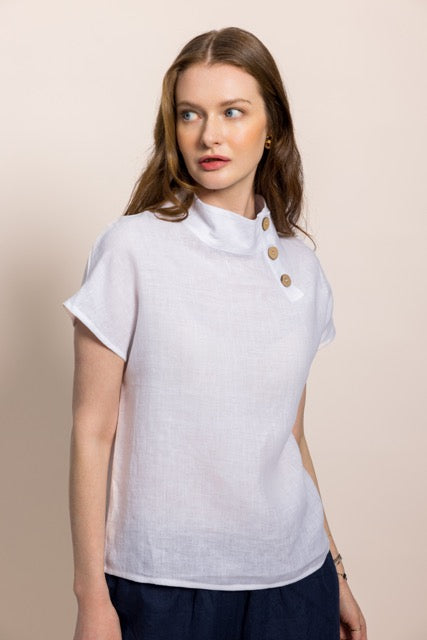 White Linen Shoulder Button Women's Blouse