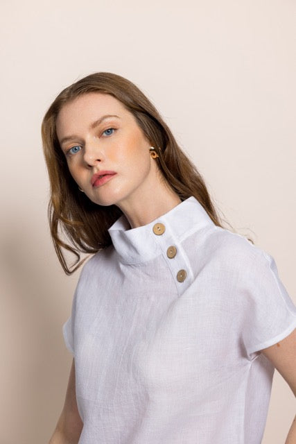 White Linen Shoulder Button Women's Blouse