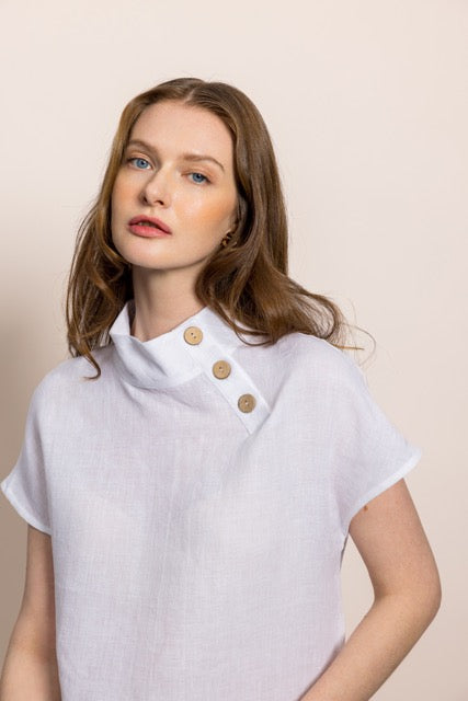White Linen Shoulder Button Women's Blouse