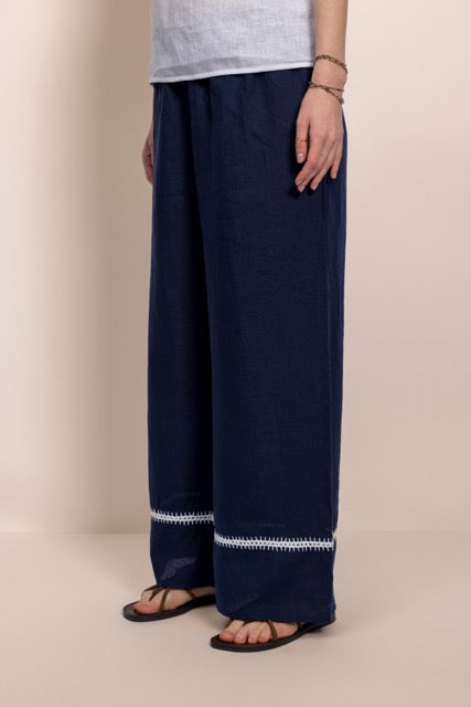 Saka Lacivert El işlemeli Keten Pantolon