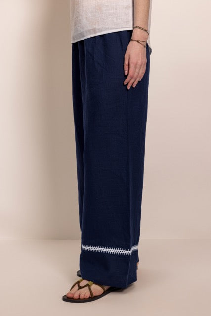 Saka Lacivert El işlemeli Keten Pantolon