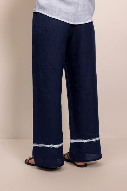 Saka Lacivert El işlemeli Keten Pantolon