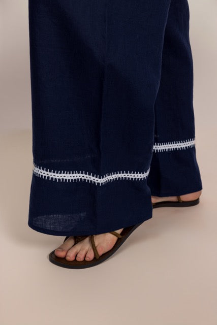 Saka Lacivert El işlemeli Keten Pantolon