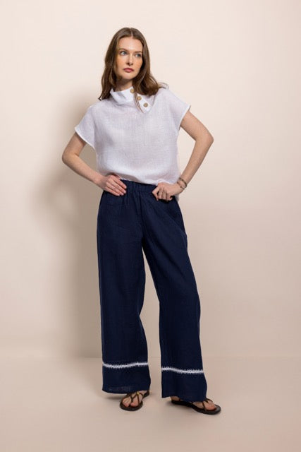 Saka Lacivert El işlemeli Keten Pantolon