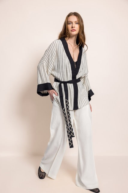 Black Striped Linen Short Kimono