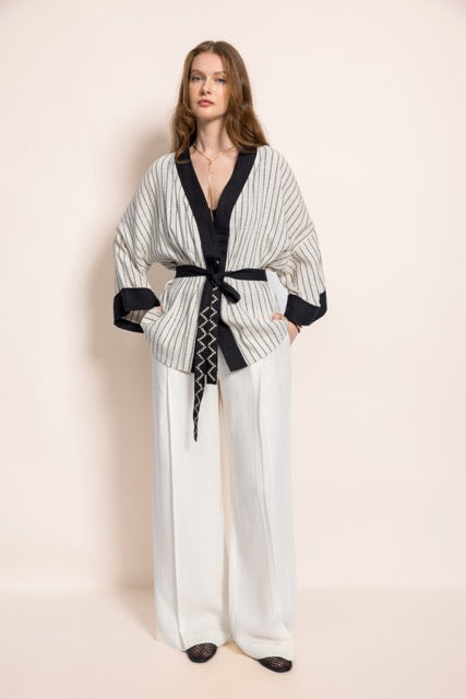 Black Striped Linen Short Kimono