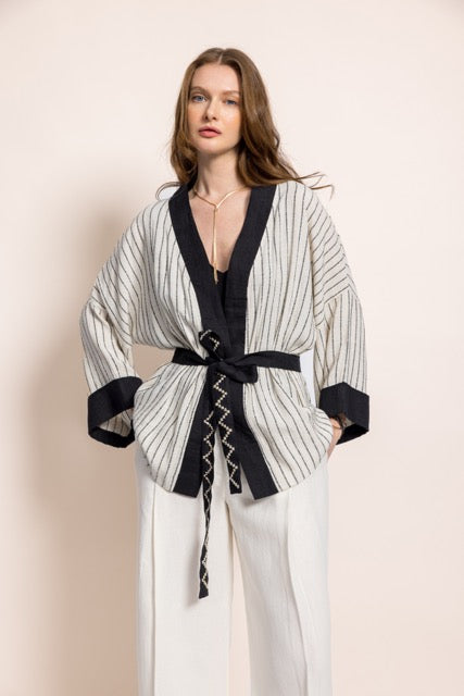 Black Striped Linen Short Kimono