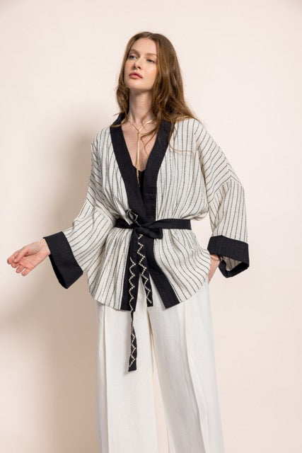Black Striped Linen Short Kimono