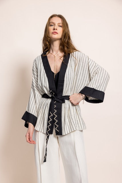 Black Striped Linen Short Kimono