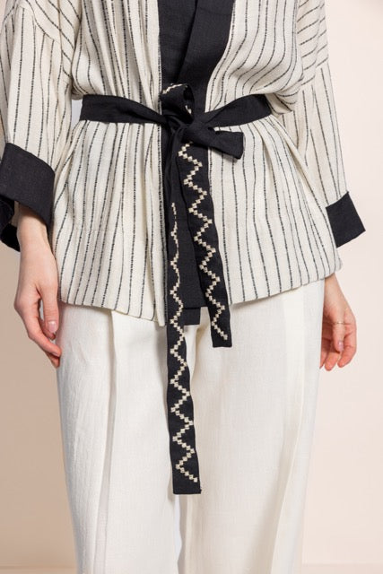 Black Striped Linen Short Kimono