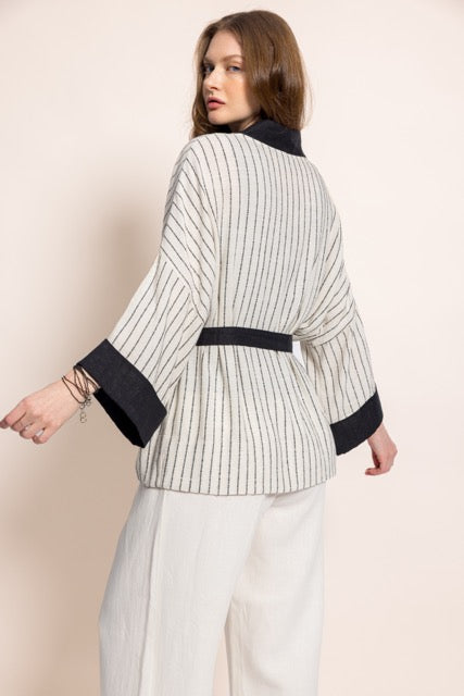 Black Striped Linen Short Kimono