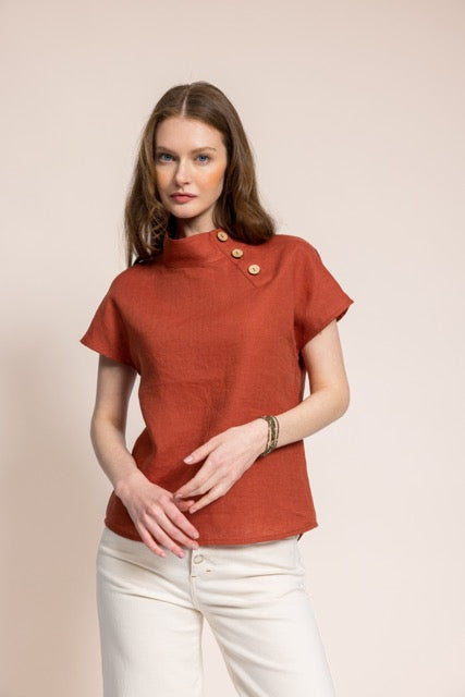 Arıkuşu Tarçın Keten Omuzdan Düğmeli Kadın Bluz