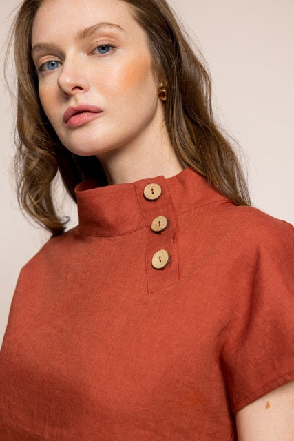 Arıkuşu Tarçın Keten Omuzdan Düğmeli Kadın Bluz