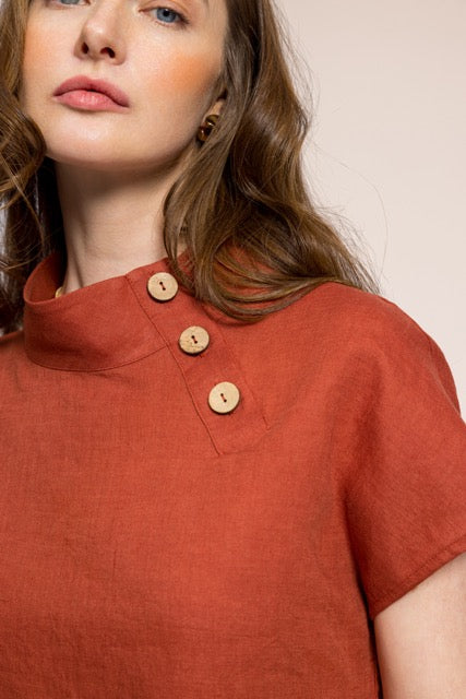 Arıkuşu Tarçın Keten Omuzdan Düğmeli Kadın Bluz