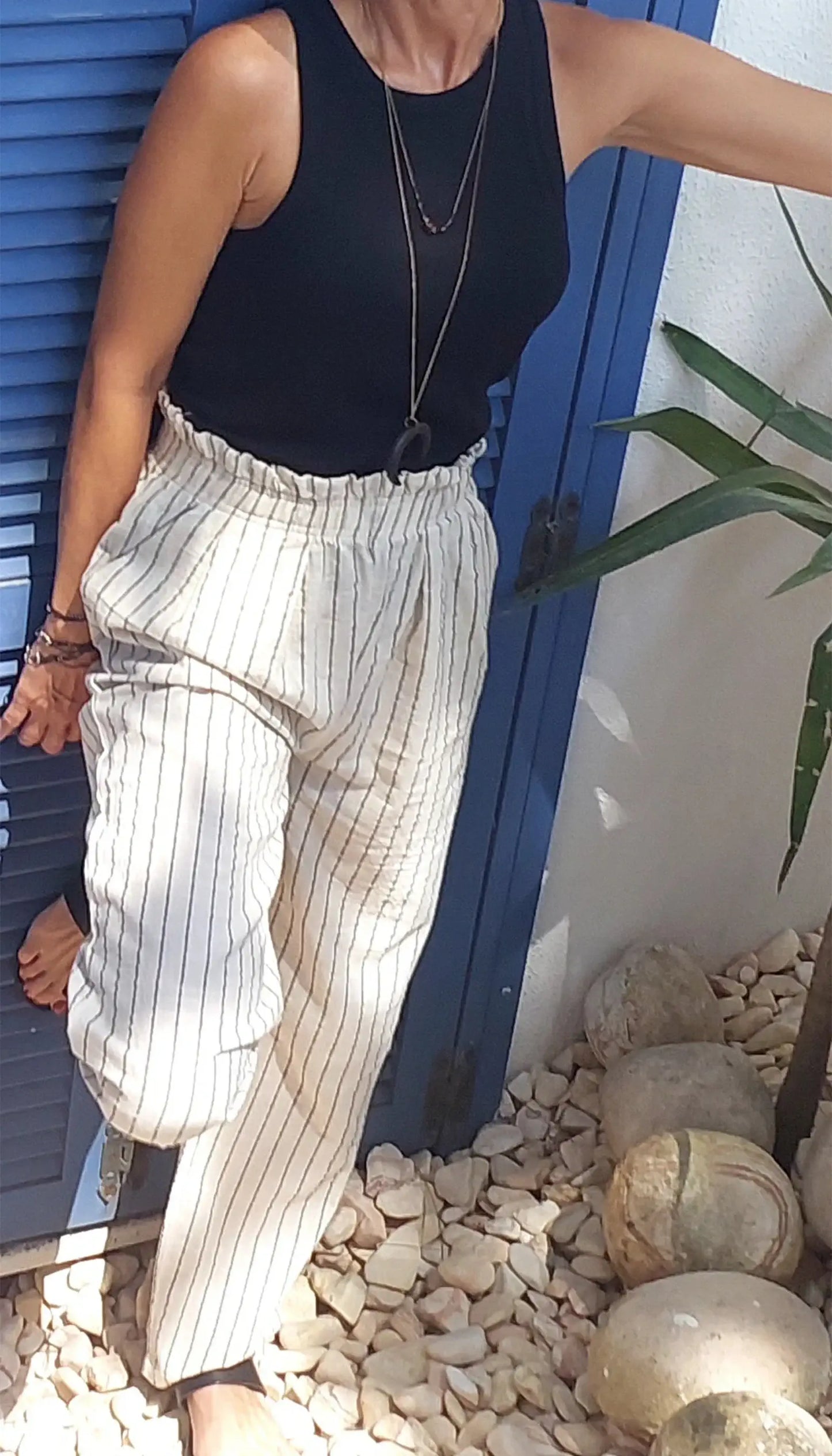 cizgili siyah keten rahat kesim kadin pantolon