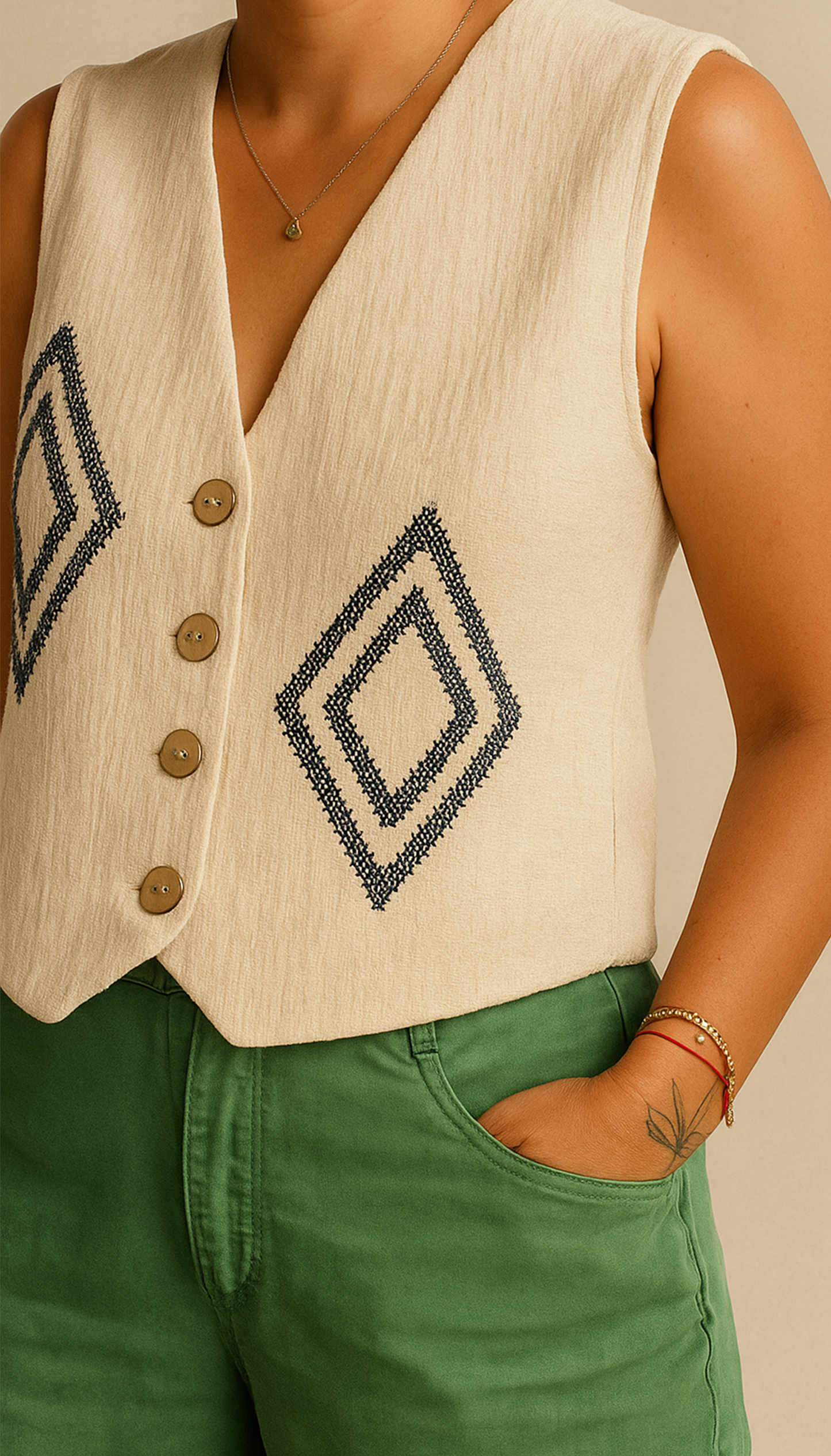 Çalıkuşu El Nakışlı Krem Organik Pamuk Yelek