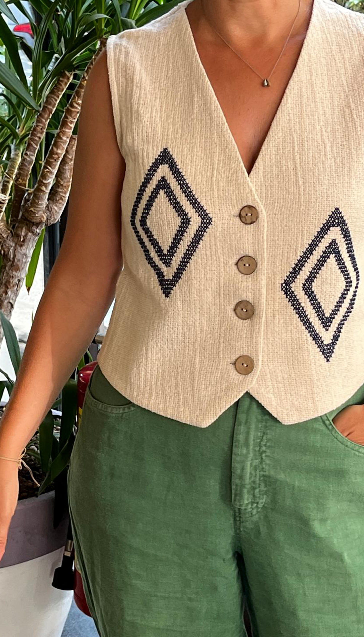 Çalıkuşu El Nakışlı Krem Organik Pamuk Yelek