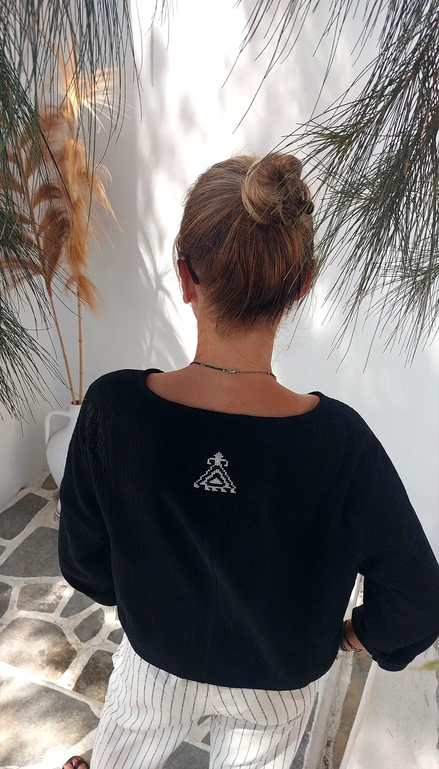 kadin muslin boho siyah nakis islemeli bluz