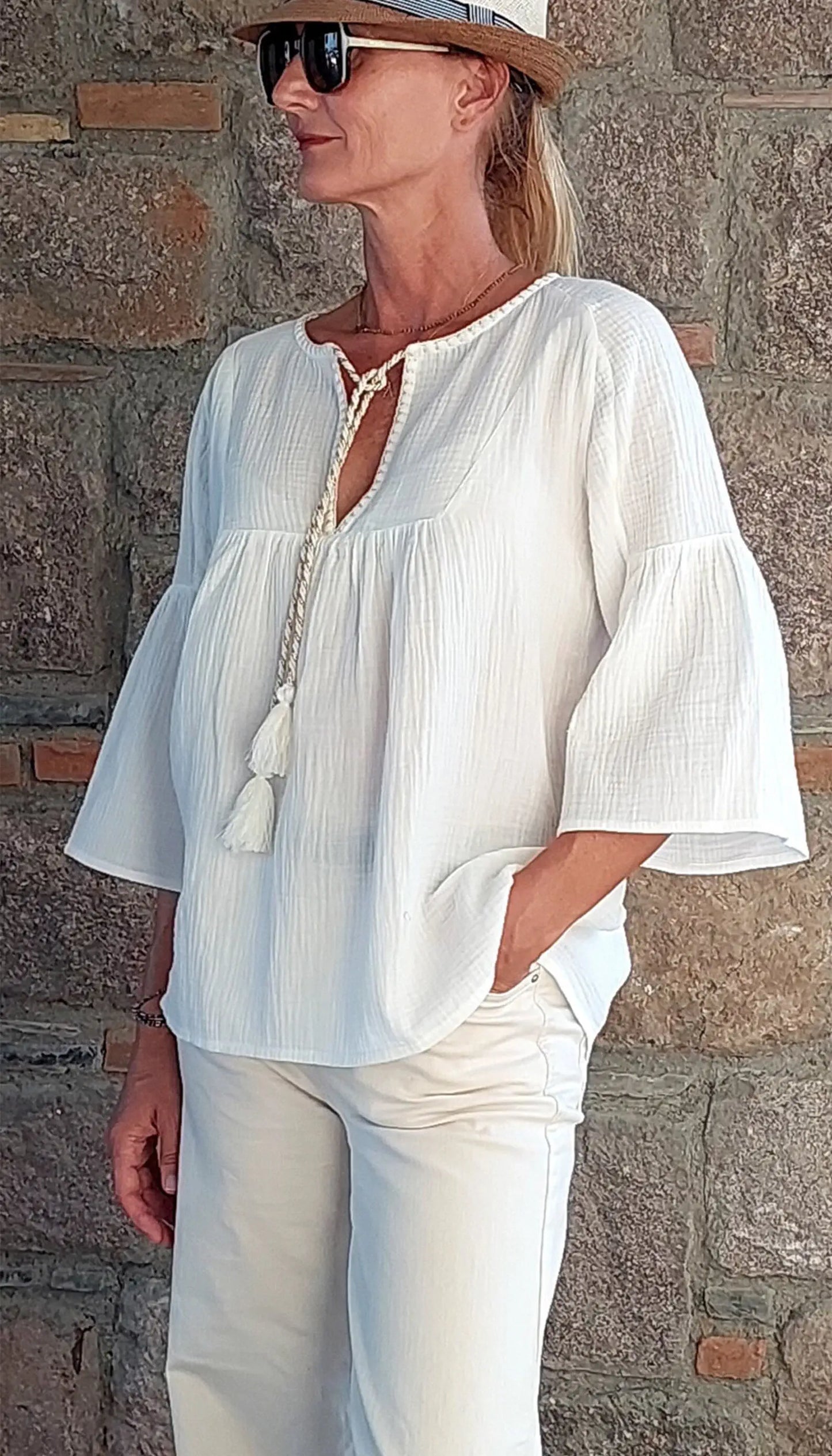 muslin ekru kadin yazlik bluz