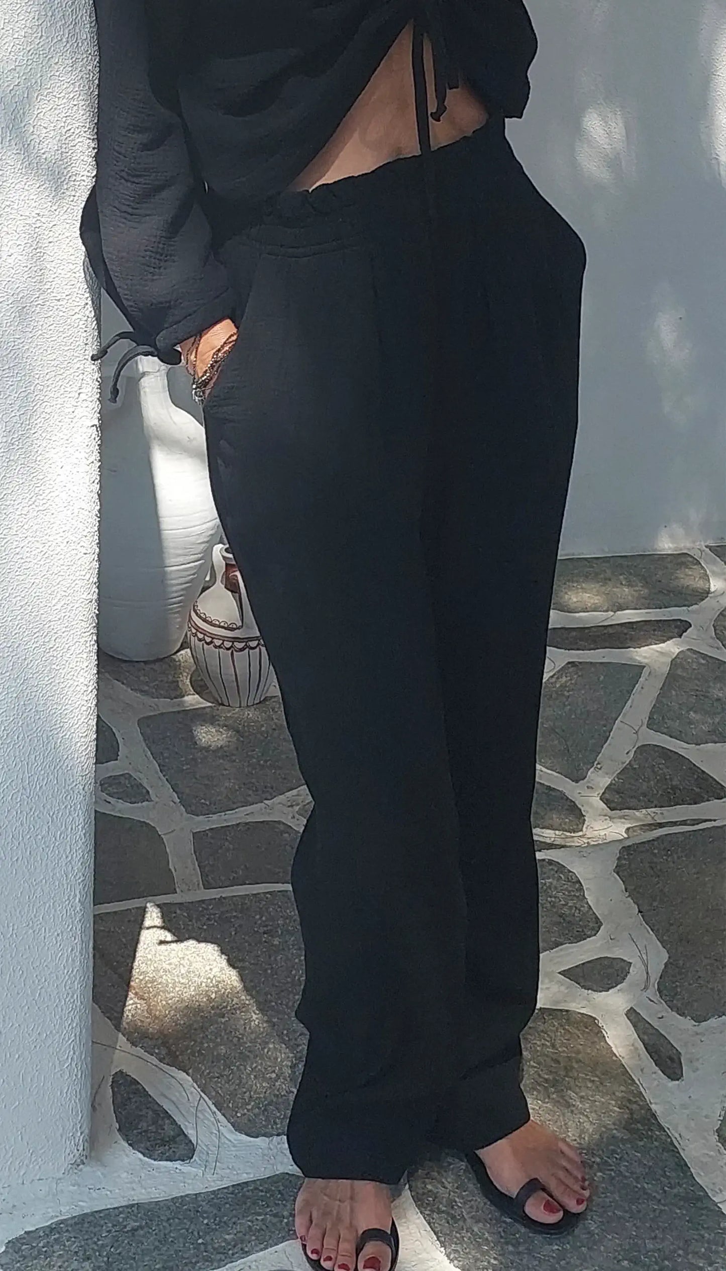 siyah muslin rahat kesim kadin pantolon