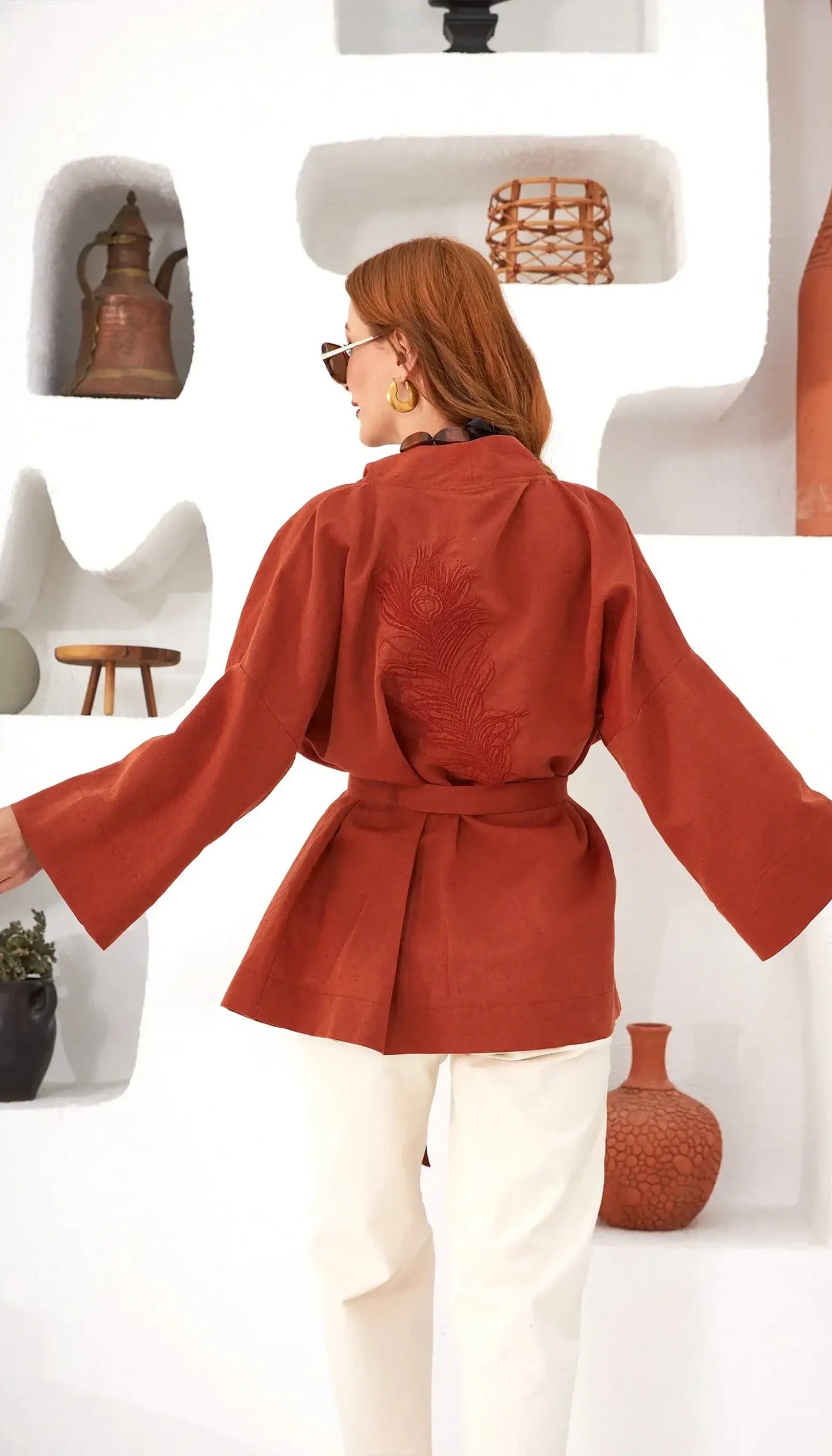 tarcin keten kadin kisa kimono rahat kesim