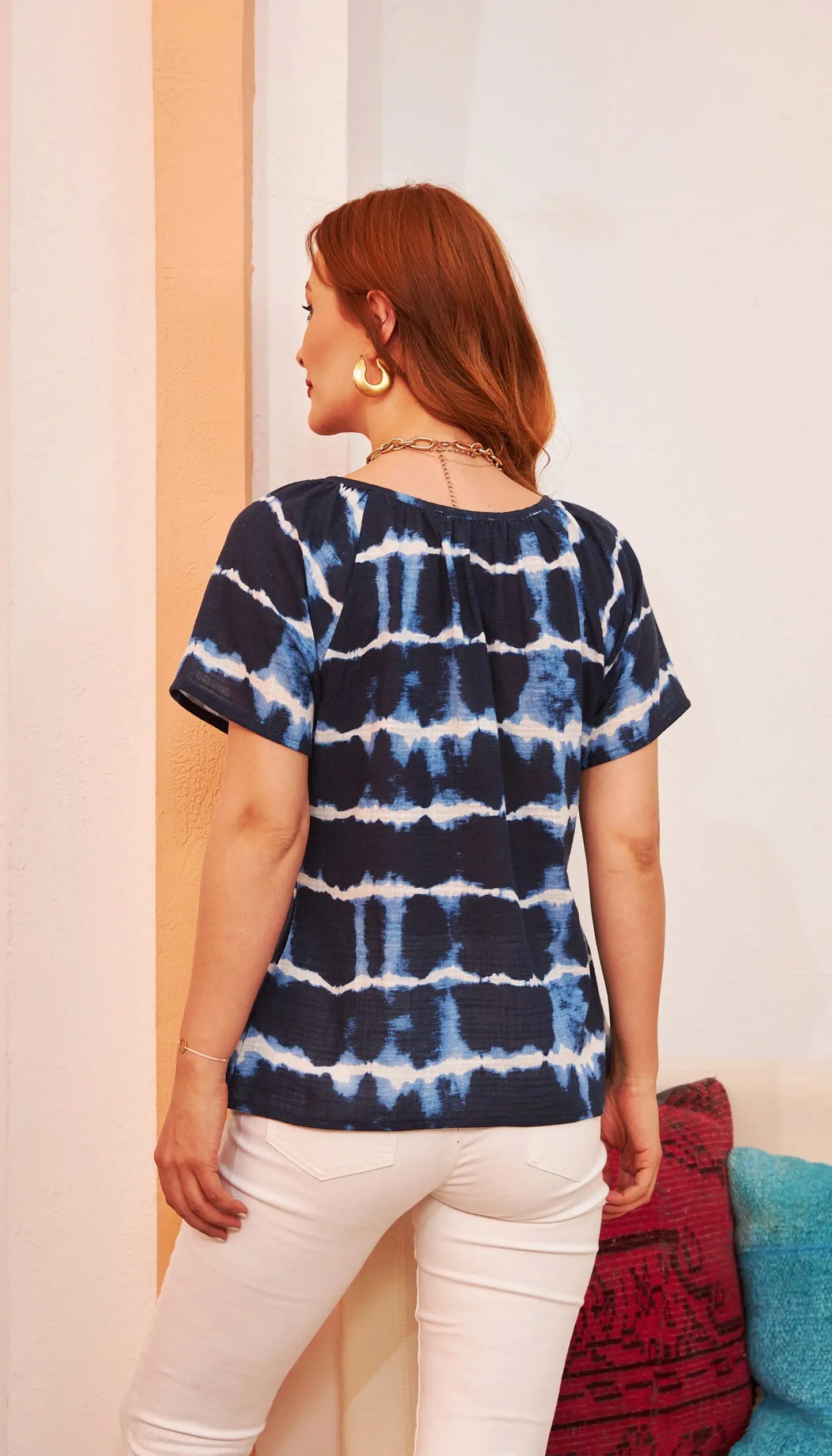 mavi batik desen kadin dugmeli bluz